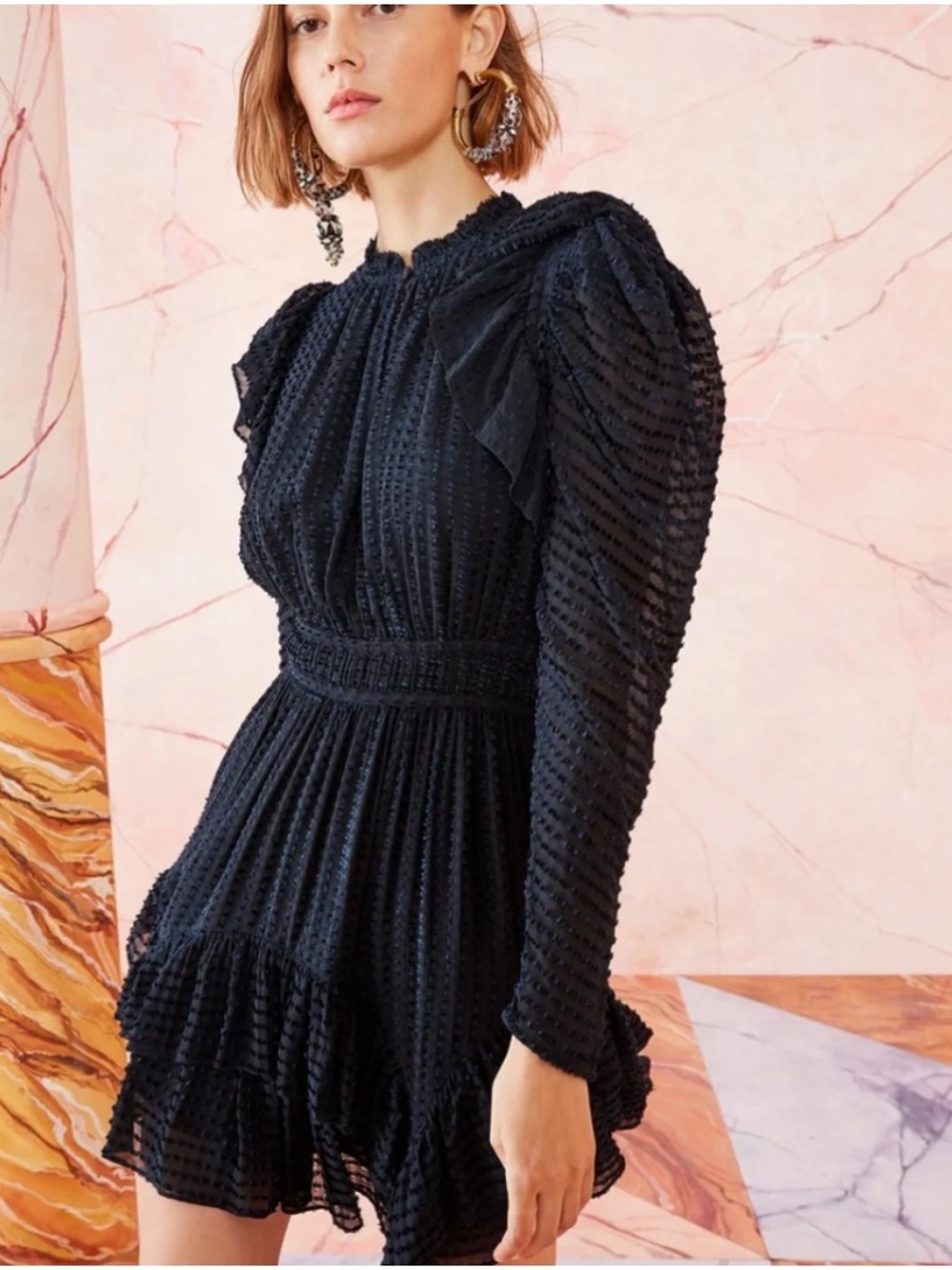 Ulla Johnson Leah Mini Dress Noir Size 4 Swiss Dot Silk Long Puff Sleeve